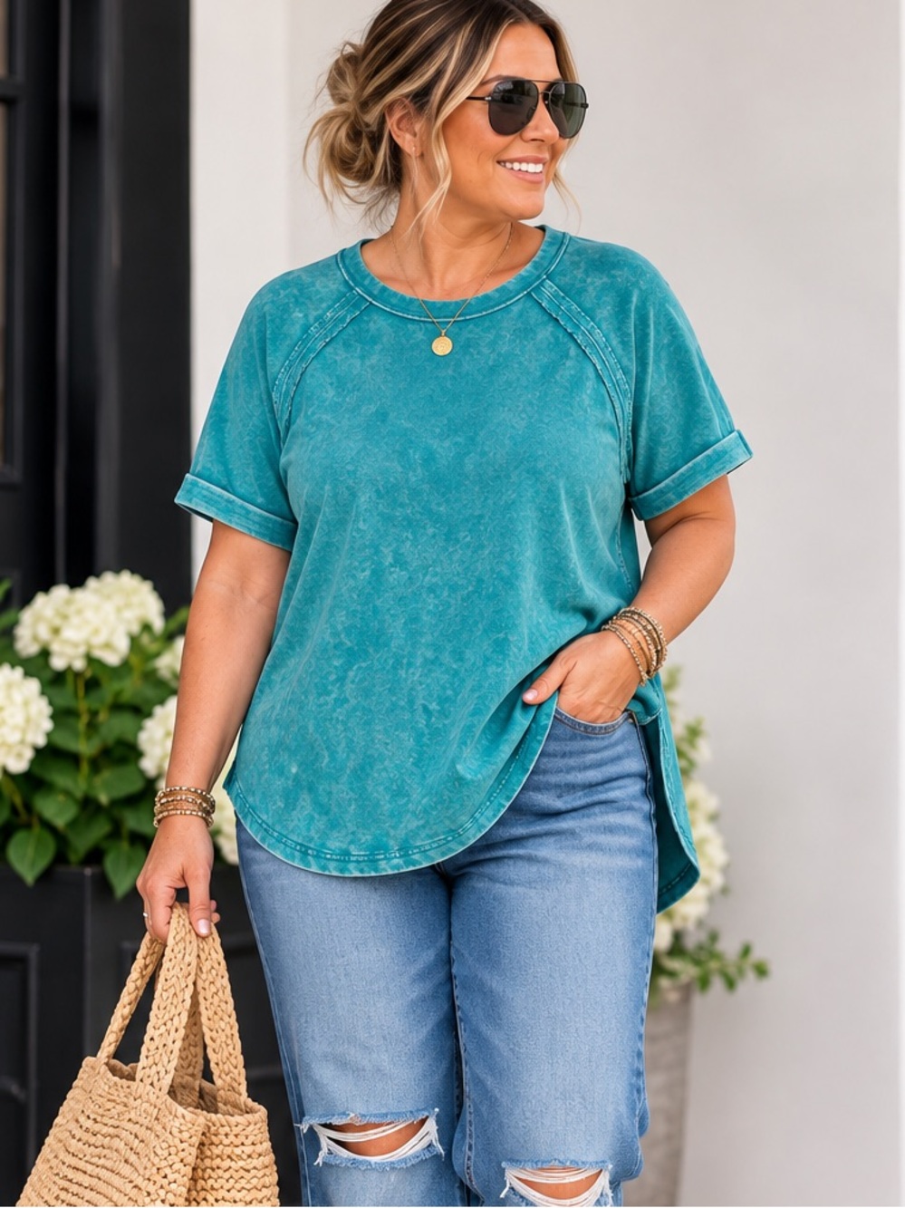Zenana Turquoise Mineral Wash Split-Hem Top Size 1X NWOT